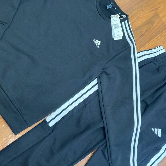 adidas Men 2pc Set Crew Neck Sweater PANTS Tracksuit Black Activewear Size M New - Picture 4 of 5